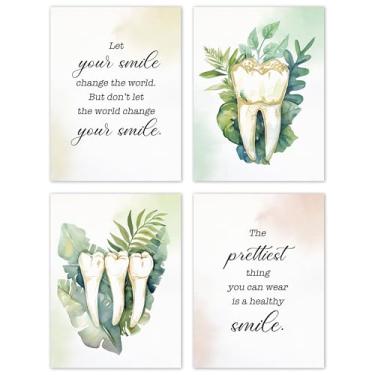 Imagem de TLESKE Conjunto de 4 impressões de pôsteres de decoração de escritório dentário sem moldura, impressões de arte de parede de dentes estéticos para dentista, assistente dentário, deixe seu sorriso