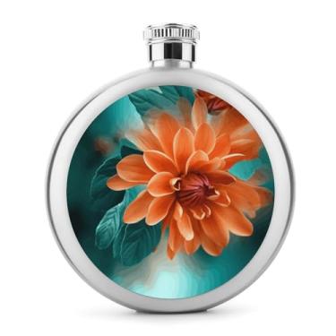 Imagem de Cantil de aço inoxidável, azul-petróleo e laranja com estampa de flor de laranja, frasco clássico, cantil, garrafa de viagem, garrafa portátil de licor