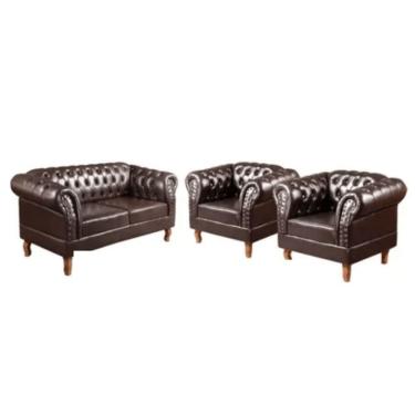 Imagem de Conjunto 03 Peças Namoradeira E Poltronas Chesterfield Duque Via Encanto Courano Marrom Café