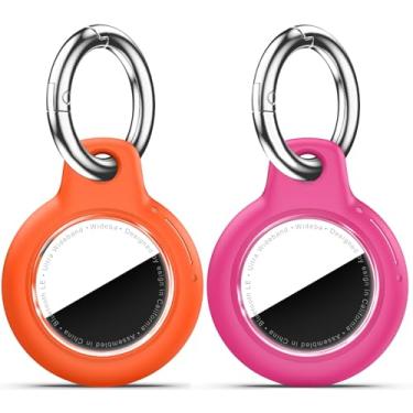 Imagem de Pacote com 2 Airtags de suporte à prova d'água com chaveiro Apple AirTag, capa rígida para PC AirTag, suporte antiarranhões e choques, chaveiros e chaveiros masculinos femininos - laranja + vermelho