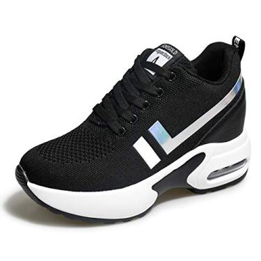 Imagem de TQGOLD Tênis feminino de tricô plataforma anabela escondida, atlético, caminhada, salto alto, malha, casual, esportivo, sapatos femininos, 1298/Black, 7