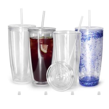 Imagem de sweet grain Copos de globo de neve (pacote com 4) - Copos de acrílico de parede dupla de 680 g com tampas e canudos, copo de globo de neve pré-perfurado com tampa de furo para presentes DIY