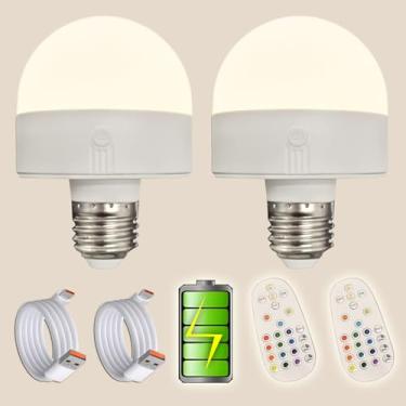 Imagem de Lâmpadas LED E26 de longa vida útil com controle remoto e interruptor de botão, lâmpada de emergência de baixa tensão operada por bateria com porta de carregamento tipo C RGB regulável para luminária