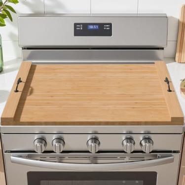 Imagem de Placa de cobertura de bambu para fogão, placa de macarrão para queimadores a gás e fogão elétrico, capas de fogão para fogão a gás, capa de fogão/pia de madeira extra grossa com alças