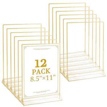 Imagem de Floroom Pacote com 12 suportes de placa de acrílico transparente de 21 x 28 cm, porta-retratos duplos dourados para números de mesa, menus, panfletos, casamentos e escritórios