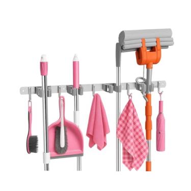 Imagem de Suporte Organizador Porta Vassoura Rodo De Parede Com Gancho Inox 4 clipes e 5 ganchos