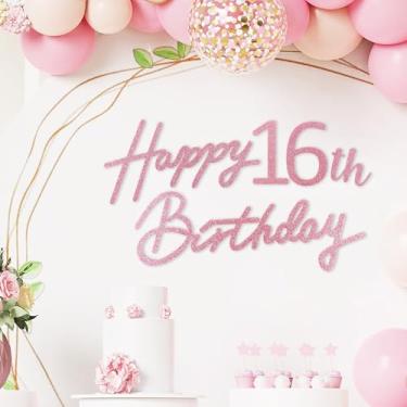 Imagem de TONIFUL Placa de feliz aniversário - faixa de feltro rosa brilhante - inclui cola de bolinhas - perfeita para pano de fundo de festa de 16 anos, decoração de parede de 16 anos