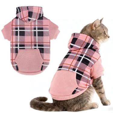 Imagem de EXPAWLORER Moletom com capuz xadrez para gatos - suéter quente estilo britânico com orifício para trela, roupas para animais de estimação, casaco de inverno para filhotes, gatos, meninas, meninos