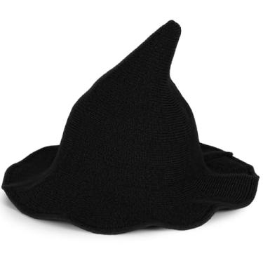 Imagem de Vovocas Chapéu de bruxa de Halloween para mulheres - chapéus de bruxa pretos para adultos, acessório de fantasia para festa cosplay, boné de lã moderno de bruxa, Chapéu de bruxa preto, Witch Hat
