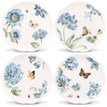 Imagem de Conjunto de Pratos para Sobremesa com 4 Peças, Formato Ondulado Redondo, Tema Floral e Material de Porcelana, LENOX 833416, Colorido