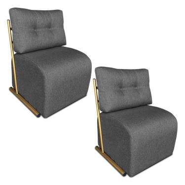Imagem de Kit 2 Poltronas Luxo Aurora Linho Grafite Base De Ferro Dourado - Pallazio