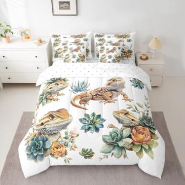 Imagem de Conjunto de cama Queen com desenho animado de dragão barbudo, animais répteis, cacto, botânico, ocidental, animal de estimação, moderno (edredom + lençol de cima + 2 fronhas + 2 fronhas de travesseiro