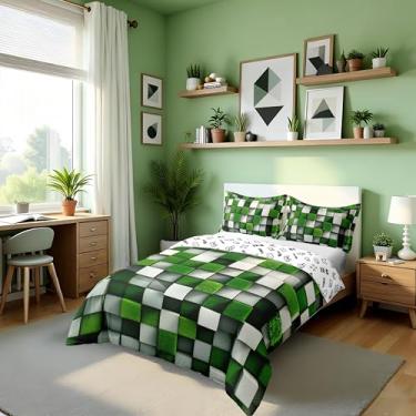 Imagem de Pixelated Miners Conjunto de capa de edredom gamer tamanho casal 100% algodão, jogo de cama infantil com desenho animado de videogame, decoração geométrica moderna, capa de colcha verde e branca, 2