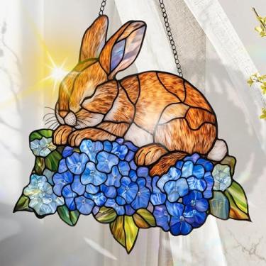 Imagem de Apanhador solar de acrílico colorido, decoração de janela pendurada de coelho com design de vitral impresso, apanhador de sol, arte de parede de arco-íris, ornamentos de Natal para uso interno e