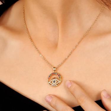 Imagem de Colar feminino banhado a ouro 14K – Sol radiante com pingente de halo de zircônia cúbica multicolorido, hipoalergênico, não mancha, presente de aniversário de Natal, joias modernas., 17+2", Latão, Sem