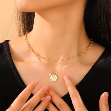 Imagem de Colar feminino banhado a ouro 14 K – disco suave de pérola de camada dupla delicada de 36 cm, hipoalergênico personalizado, não mancha, presente de aniversário de Natal, joias modernas, 14+2", Pérola