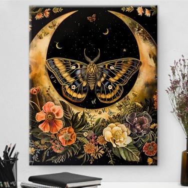 Imagem de Arte de parede em tela de mariposa floral gótica vintage lua borboleta arte arte pintura estética gótica escura para casa quarto sala de estar decoração de parede 20 x 25 cm