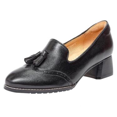 Imagem de Mona flying Mocassins femininos de couro grosso, salto médio, borla, escarpim vintage para trabalho no escritório, Negra, 37