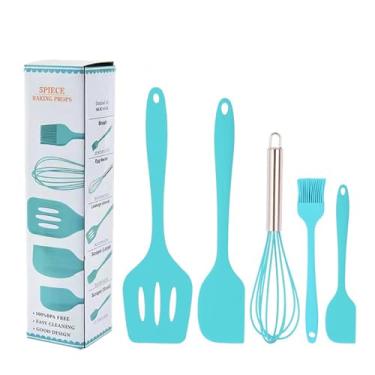 Imagem de Conjunto de 5 espátulas de silicone, espátulas de borracha antiaderentes resistentes ao calor com núcleo de aço inoxidável, raspadores antiaderentes, ferramenta de mistura para assar, azul