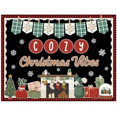 Imagem de Moinchore Conjunto de quadro de avisos de Natal, vibrações de Natal, decorações de sala de aula, faixa colorida, flocos de neve, lareira e árvore, recortes de globo de neve com bordas xadrez de búfalo