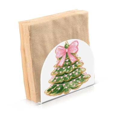 Imagem de Blueangle Suporte de guardanapo de arco rosa para árvore de Natal - decoração de mesa de acrílico à prova de vento para cozinha e casa, dispensador de lenços de férias com porta-guardanapos verticais