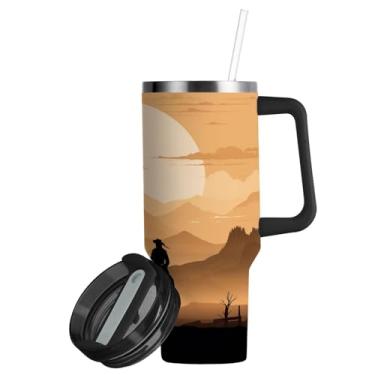 Imagem de ATTX Copo caubói americano de 850 g com alça, copo de aço inoxidável a vácuo de parede dupla com palha, caneca de café de viagem isolada #669