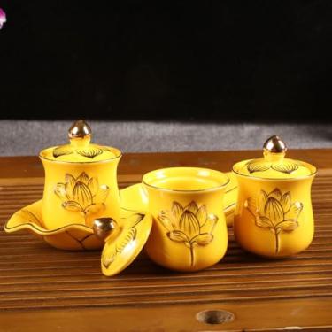 Imagem de FENNYYAR Conjunto de copo de água benta de cerâmica do santuário budista, conjunto de 4 peças, 9 cm 8,9 cm, copo de água de Buda com oferta de lótus