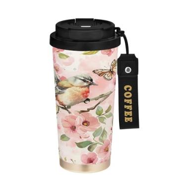 Imagem de SEHANY Caneca de café de viagem Flores e pássaros de 482 g com tampa revestida de cerâmica e à prova de vazamento, parede dupla, copo de aço inoxidável isolado a vácuo para bebidas quentes e frias