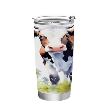 Imagem de Blueangle Copo de 590 ml com tampa e canudo, copo de café com água isolada a vácuo de aço inoxidável, caneca de viagem de vaca engraçada copo térmico para bebidas quentes e frias (782)