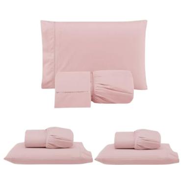 Imagem de Kit 3 Jogos de Lençol com Elástico e Fronhas Bordadas em Ponto Palito, 1 Casal Queen e 2 Solteiros, Micropercal 300 Fios, 100% Poliéster (CQS Versat/Rosê)
