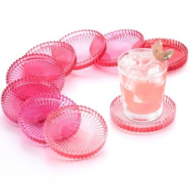 Imagem de Queekay Conjunto de 8 porta-copos de vidro colorido vintage porta-copos de vidro para bebidas decoração de mesa de centro para escritório, cozinha, bar, sala de jantar, sala de estar, pátio (série