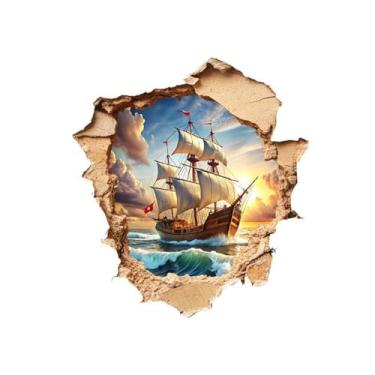 Imagem de MaiKeAYang Decalques de parede 3D, murais, decorações de parede de vinil removíveis, barco à vela do oceano para sala de estar, quartos de bebê, quarto, banheiro, casa, parede, decoração DIY