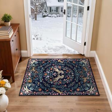 Imagem de STARUIA Tapete de entrada 5 x 7 cm – tapete lavável para entrada interna, vintage, animal, unicórnio, floral, pequeno, antiderrapante, para cozinha, entrada interna (azul marinho)