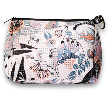 Imagem de Bolsa de maquiagem grande da marca Pop Ups com zíper – bolsa organizadora de cosméticos de neoprene lavável à máquina para viagem, Estampa de flor branca, Bolsa de maquiagem grande com zíper