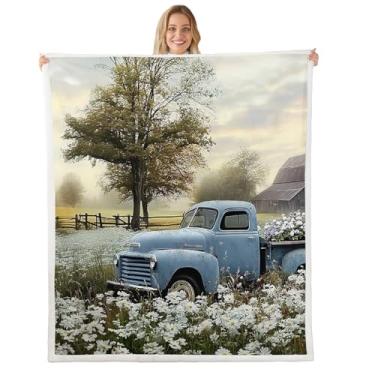Imagem de Erosebridal Cobertor de lã de fazenda 127 x 152 cm, cobertor de lã de ovelha para jovens adolescentes camionete antiga camionete azul carro flores brancas retrô árvore primavera felpudo pelúcia