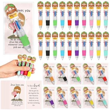 Imagem de Sayglossy Conjunto de 50 canetas esferográficas cristãs Little Jesus, presentes a granel, 4 em 1, Jusus Loves You, multicoloridas, com cartões positivos, prêmios em sala de aula, prêmios