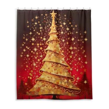 Imagem de Wassud Cortinas de chuveiro com árvore de Natal dourada (2) conjunto de cortinas de chuveiro à prova d'água para banheiro com 12 ganchos 152 x 182 cm