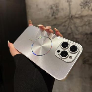Imagem de Capa com textura brilhante para iPhone 16, 15, 14, 13, 12, 11 Pro Max, proteção de lente, prata, para iPhone 15 Pro Max.