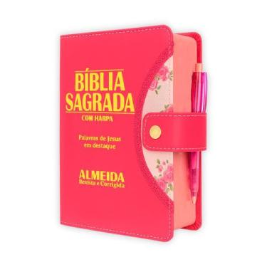 Imagem de Bíblia Sagrada Letra Grande - Pink - Botão e Caneta Revista e Corrigid