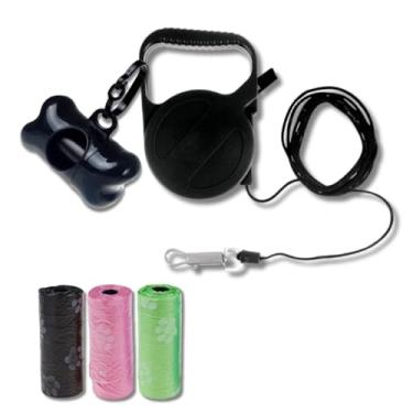 Imagem de Guia Retrátil 3 Metros para Cachorro Pequeno até 10kg – Kit Passeio com Saquinhos Higiênicos (Preto)