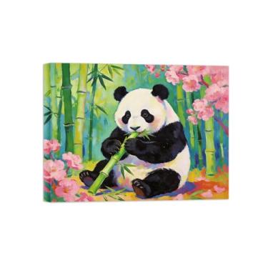 Imagem de Impressão em tela de arte de parede animal - flores de bambu panda - pintura de decoração moderna - imagens para casa pronta para pendurar tela embrulhada 60 x 80 cm 24 x 31 polegadas