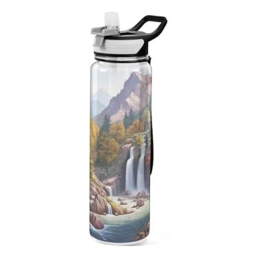 Imagem de Burbuja Garrafa de água Waterfall Painting de 946 ml com tampa de palha, à prova de vazamento e livre de BPA para academia, esportes ao ar livre