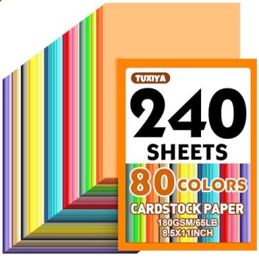 Imagem de 240 folhas de papelão colorido de 21,6 x 28 cm, 80 cores sortidas, 180 g/m2/29,5 kg, papel para impressão, confecção de cartões, artesanato DIY, material escolar infantil, decorações de festa