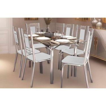Imagem de Kit 6 Cadeiras Sala Jantar Elba C- Tampo De Vidro 80x150cm E 6 Cadeiras Florença Cromada - Courano Branco - Kappesberg