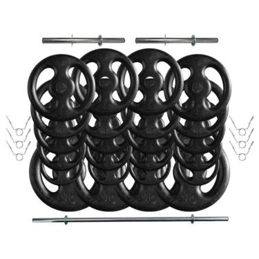 Imagem de Kit com 100 Kg de Anilhas Ferro Fundido + Barras de Supino e Halteres-Unissex