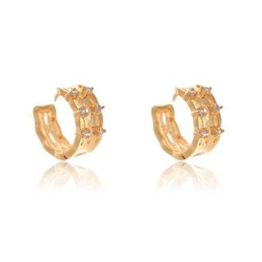 Imagem de Brinco Argola Trabalhada Vazada Com 4 Zircônias Folheado Em Ouro 18k