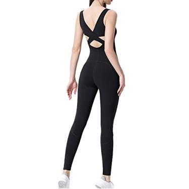 Imagem de Yajun Macacões para mulheres maiô de ioga sem costas nuas secagem rápida respirável macacão fitness macacão macacão levanta bumbum, preto, GG (peito: 78cm)