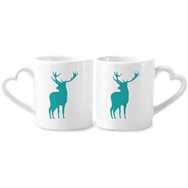 Imagem de Conjunto de canecas de porcelana para casais, cervo, de grão de madeira, azul, cervo, coração