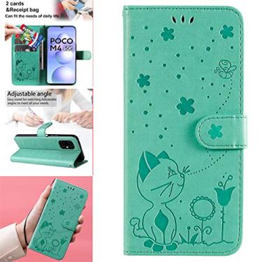 Imagem de Capas de telefone de abelha de gato em relevo compatíveis com Xiaomi Poco M4 5G Poco M5 4G Capa de couro de luxo slots para cartão de visita clipe de carteira capas à prova de choque (verde, Xiaomi Poco M5 4G)