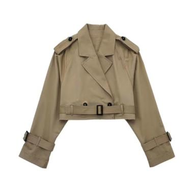 Imagem de Ruixinxue Casaco curto feminino moderno trench coat leve slim fit casaco curto casaco outono com cinto, Marrom, G